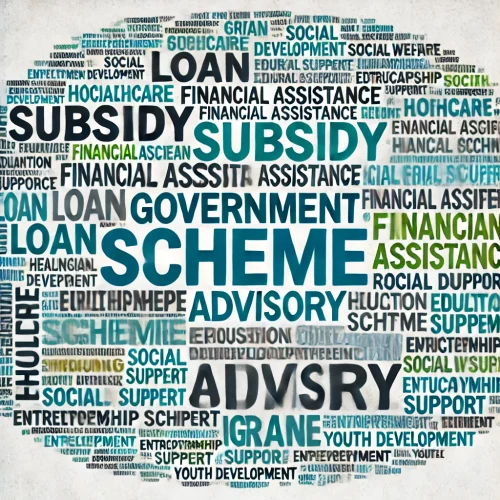 DALL·E 2024-11-10 21.30.02 - A visually detailed word cloud related to Government Scheme Advisory, containing terms like 'Subsidy', 'Loan', 'Financial Assistance', 'Grant', 'Train